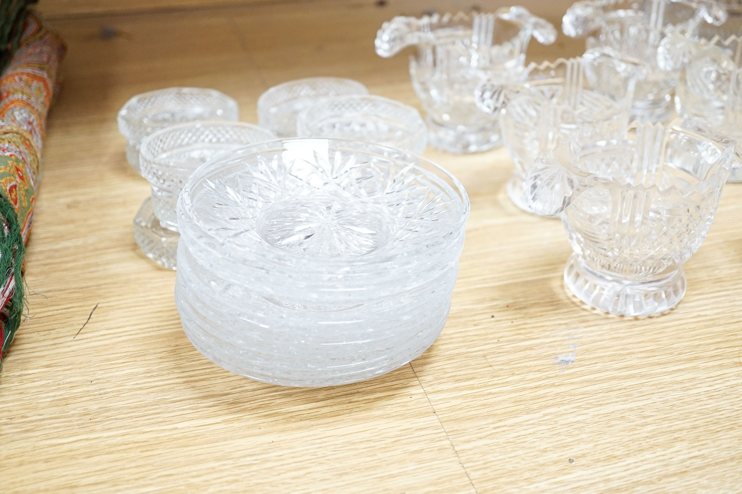19th century and later deep cut glassware, including a set of six rinsers with turnover handles, 8cm high